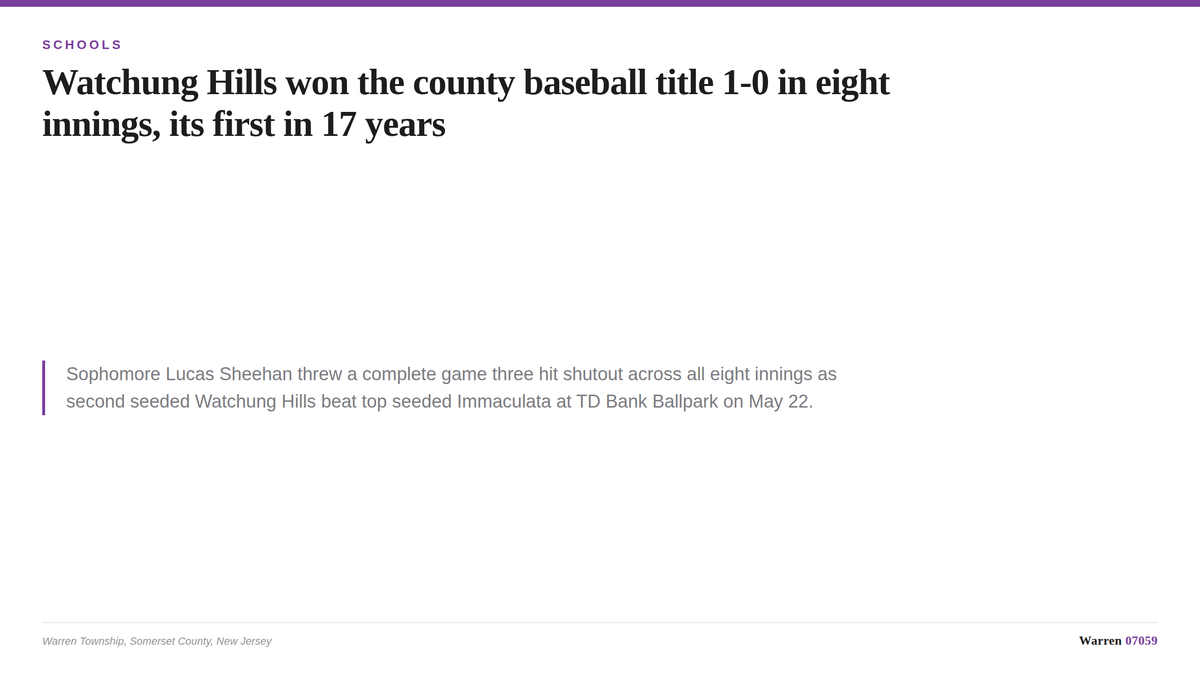 A typographic card summarizing the Watchung Hills 1-0 Somerset County Tournament baseball final win.