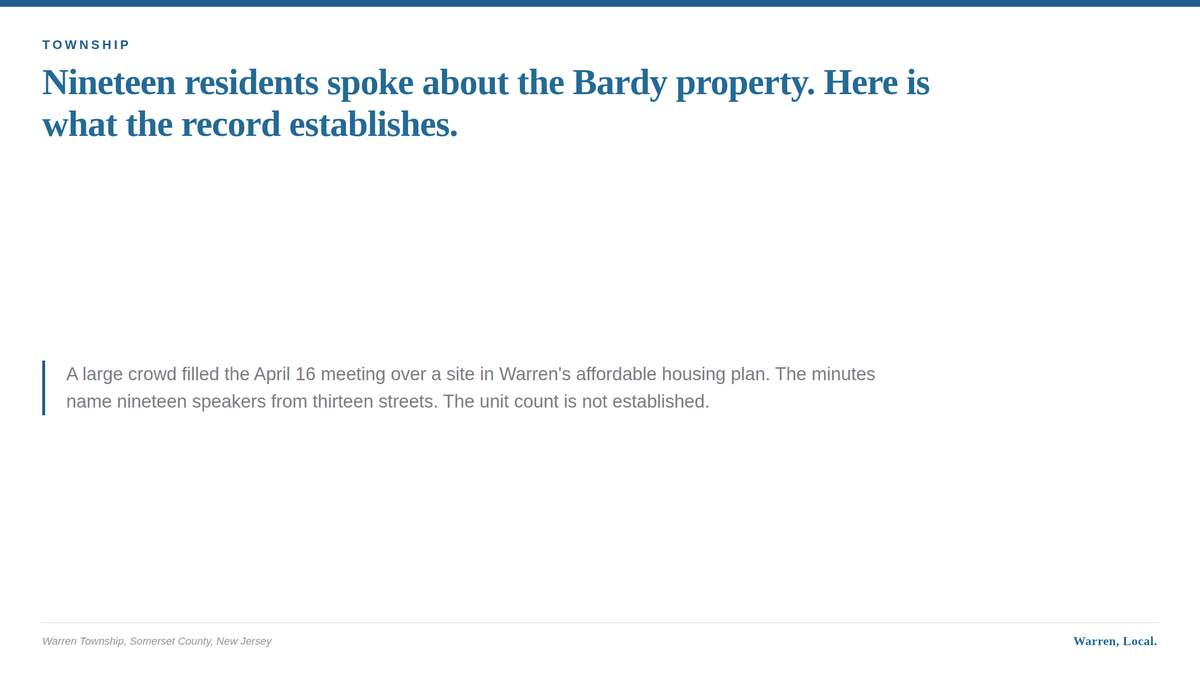 Title card about the April 16, 2026 Warren Township Committee meeting and public comment on the Bardy property.