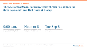 Warren, Local. card: the 5K starts at 9 a.m. Saturday, Warrenbrook Pool is back for three days, Town Hall closes at 1.