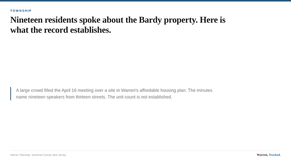 Title card about the April 16, 2026 Warren Township Committee meeting and public comment on the Bardy property.