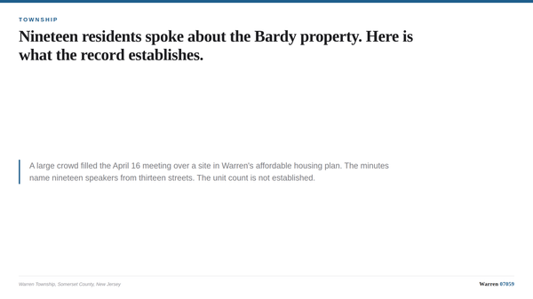 Title card about the April 16, 2026 Warren Township Committee meeting and public comment on the Bardy property.