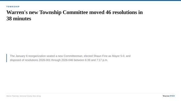 A summary card listing the January 6, 2026 Warren Township Committee reorganization results, including the mayor vote and the
