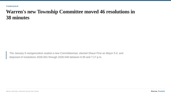 A summary card listing the January 6, 2026 Warren Township Committee reorganization results, including the mayor vote and the