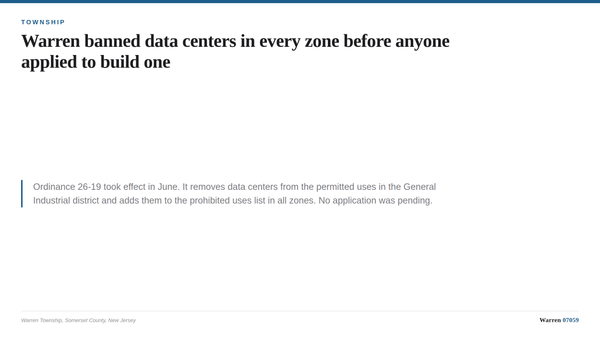 Title card about Warren Township banning data centers in every zone.