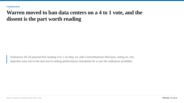 A typographic card summarizing the Warren Township data center ordinance introduced on May 14, 2026.