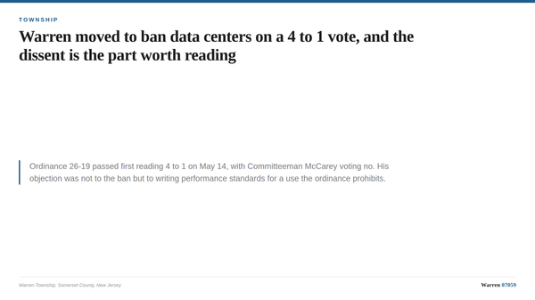 A typographic card summarizing the Warren Township data center ordinance introduced on May 14, 2026.