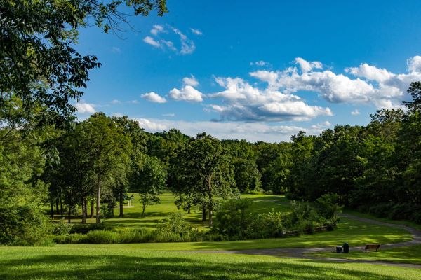 East County Park in Warren Township, an open mown lawn falling away to a tree line, a paved path curving past a bench on the right and a small pavilion in the distance.