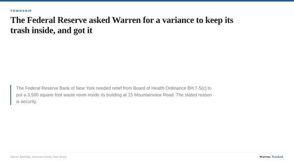 A summary card describing the January 14, 2026 Warren Township Board of Health variance for interior solid waste storage at 1