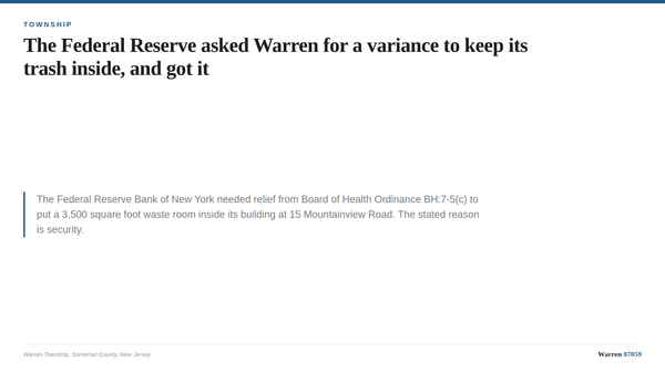 A summary card describing the January 14, 2026 Warren Township Board of Health variance for interior solid waste storage at 1