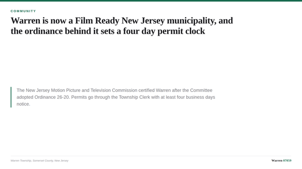 A typographic card summarizing Warren Township's Film Ready New Jersey certification.