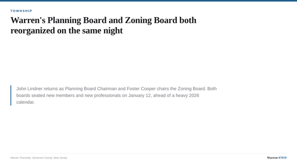 A summary card listing the January 12, 2026 leadership of the Warren Township Planning Board and Zoning Board of Adjustment.