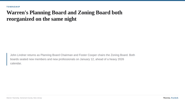 A summary card listing the January 12, 2026 leadership of the Warren Township Planning Board and Zoning Board of Adjustment.