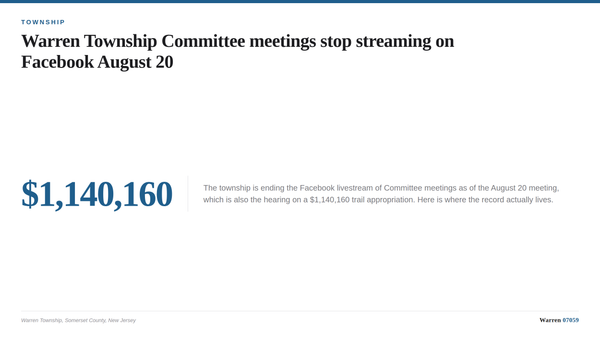 A typographic card summarizing the end of Facebook livestreaming for Warren Township Committee meetings.