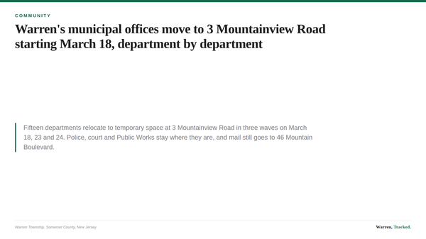 A summary card listing which Warren Township departments move to 3 Mountainview Road on March 18, March 23 and March 24.