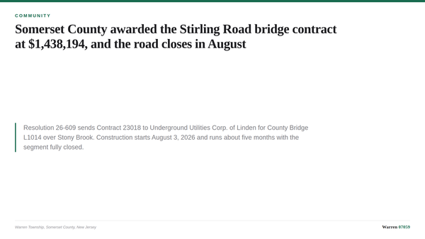 A summary card showing the Stirling Road bridge replacement contract amount, contractor, closure dates and detour routes.