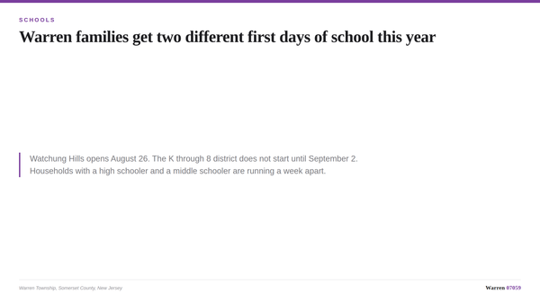 Title card about Warren school start dates, on a white background with an orange rule.