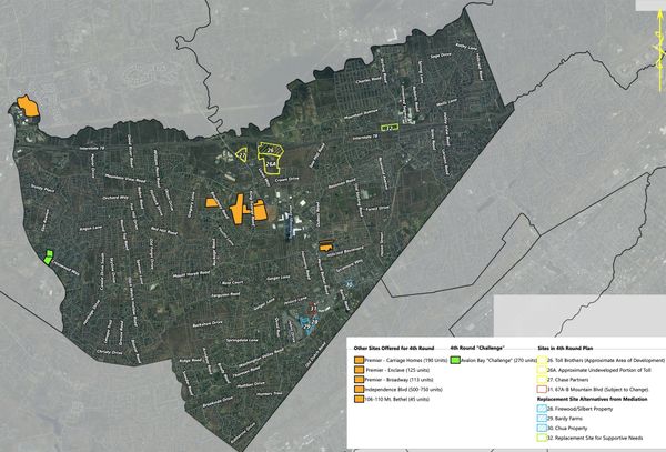 The Township of Warren Fourth Round affordable housing site map, an aerial of the township with the plan sites outlined and numbered.