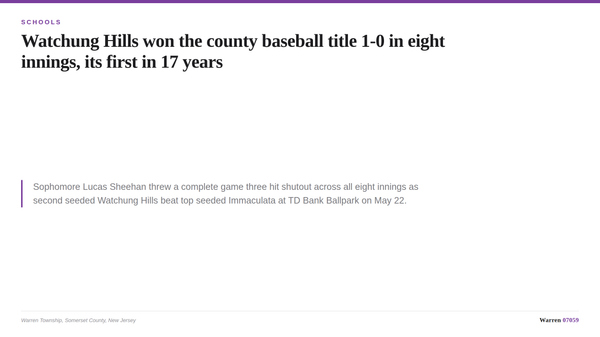 A typographic card summarizing the Watchung Hills 1-0 Somerset County Tournament baseball final win.