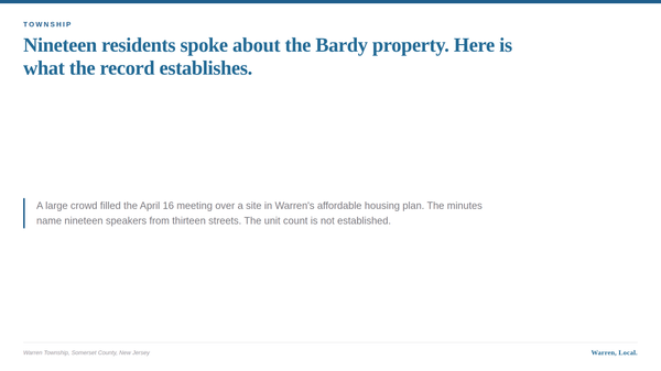 Title card about the April 16, 2026 Warren Township Committee meeting and public comment on the Bardy property.