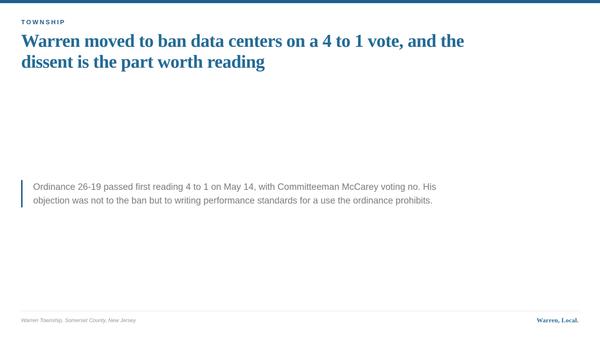 A typographic card summarizing the Warren Township data center ordinance introduced on May 14, 2026.