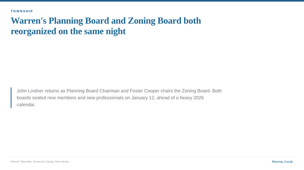 A summary card listing the January 12, 2026 leadership of the Warren Township Planning Board and Zoning Board of Adjustment.