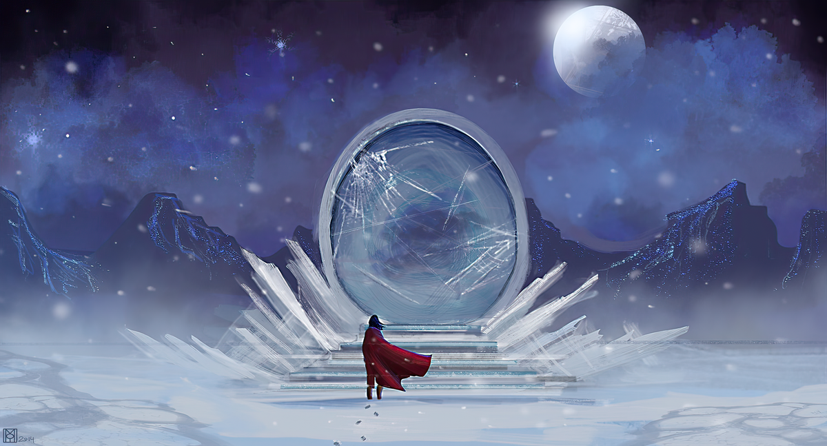 Under a starry sky, a character in red is crossing a snowy plain toward a giant, oval mirror that looks like a gate.