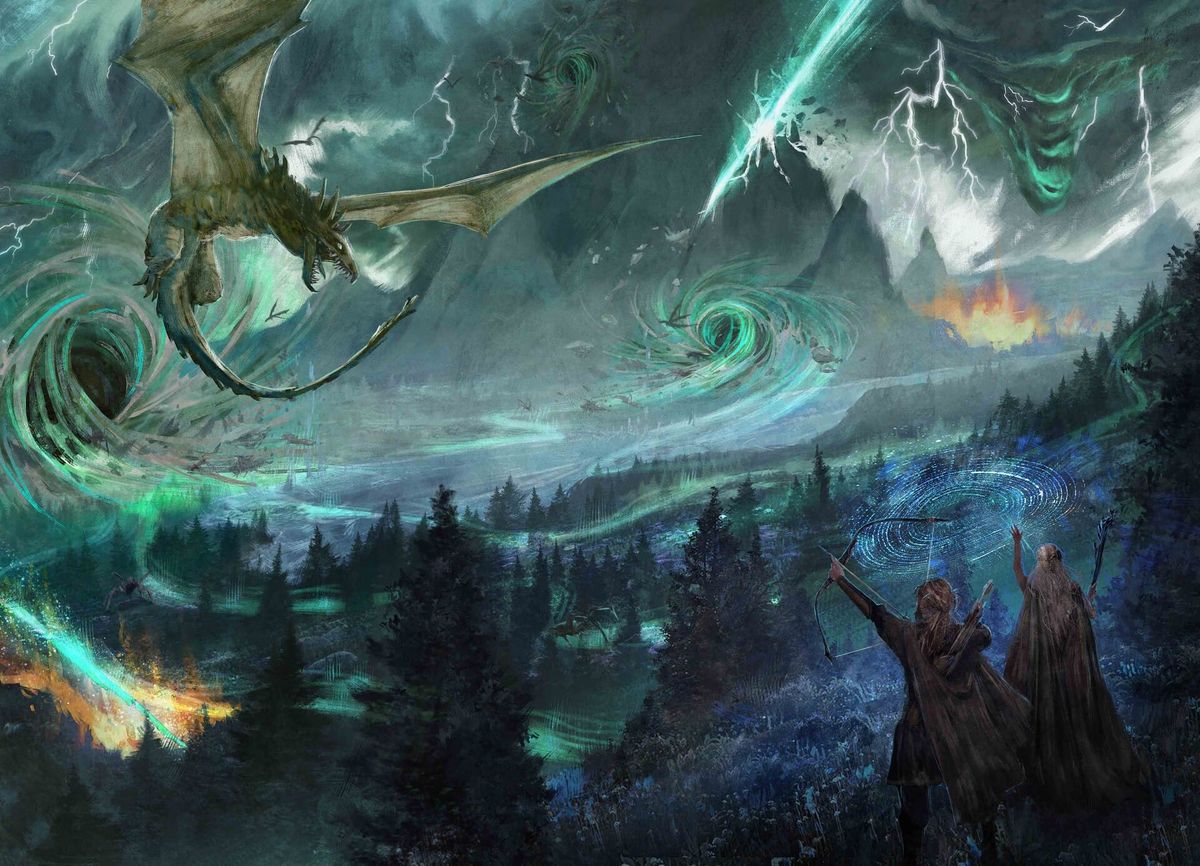 A greenish-blue landscape of forests and mountains, overlain with opening portals, lightning, forest fires, flying dragon. Two elves observe the carnage.
