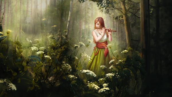 A red-haired female elf playing a flute in the middle of forest greenery.