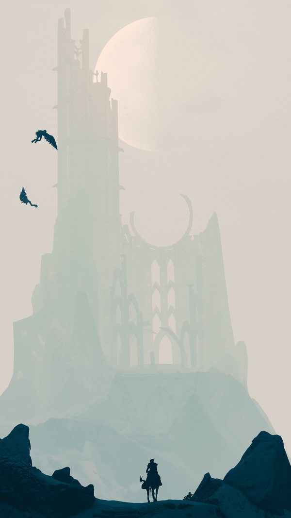 Screenshot of a spire-like tower, blue tones, a lonely rider heading toward it, harpies flying above him as the moon hangs above the tower.