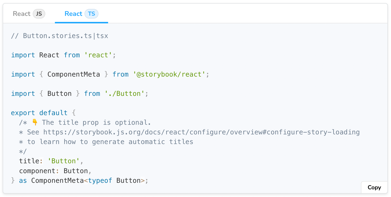 Screenshot of CSF file written in TypeScript from https://storybook.js.org/docs/react/writing-stories/introduction