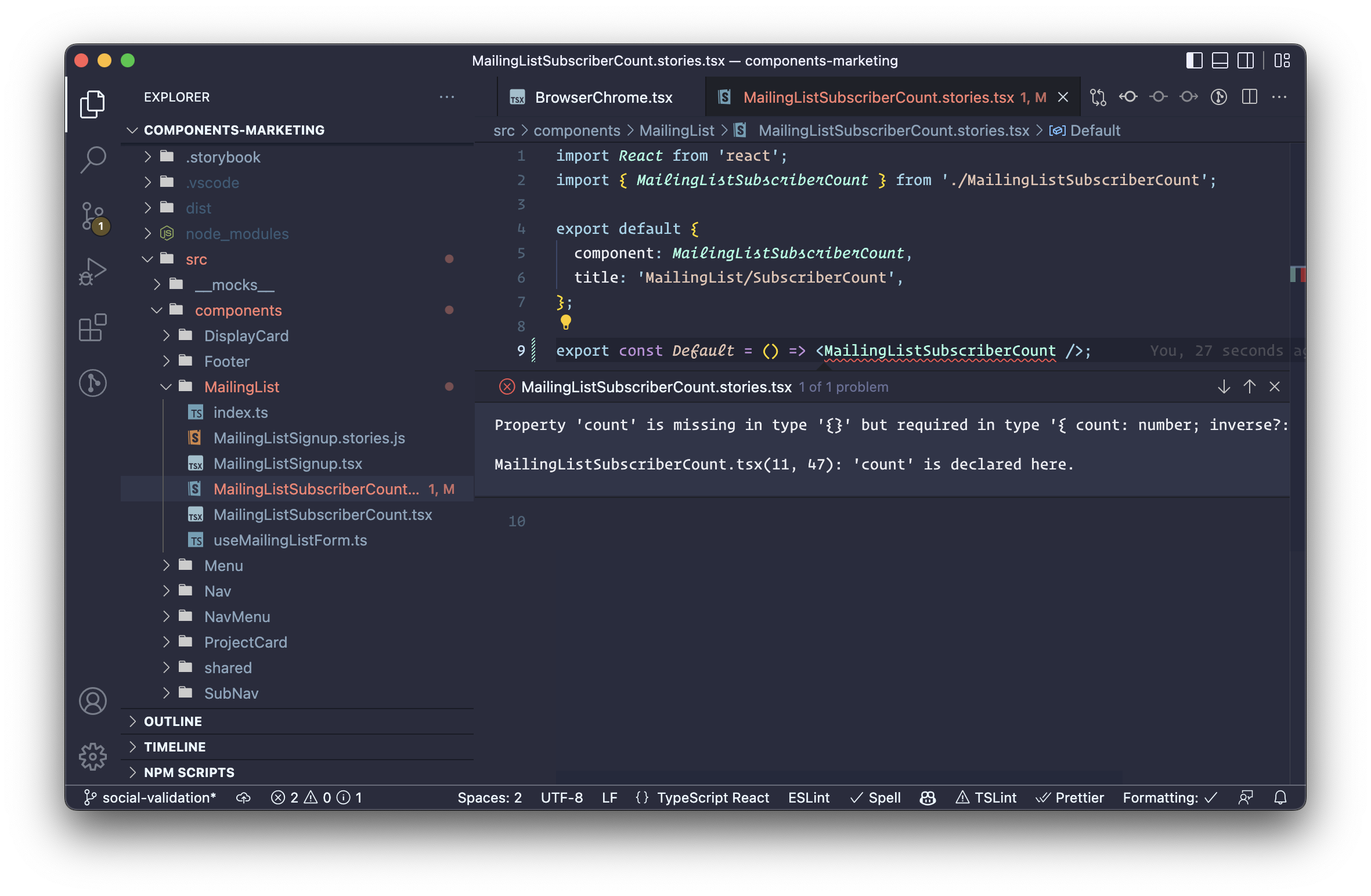 Screenshot of code editor showing a TypeScript error in a stories file
