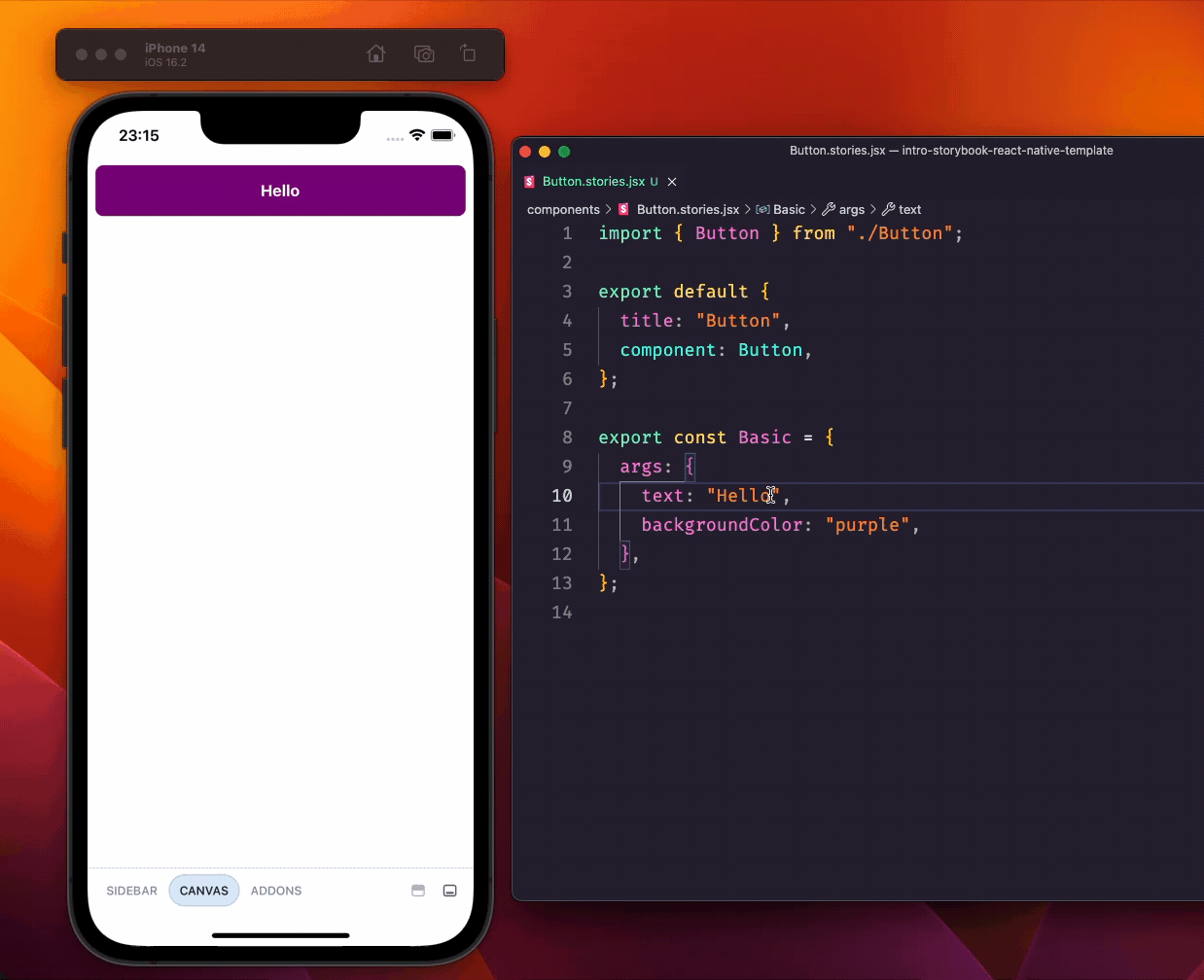 User edits args for the Basic story and Storybook refreshes the UI accordingly