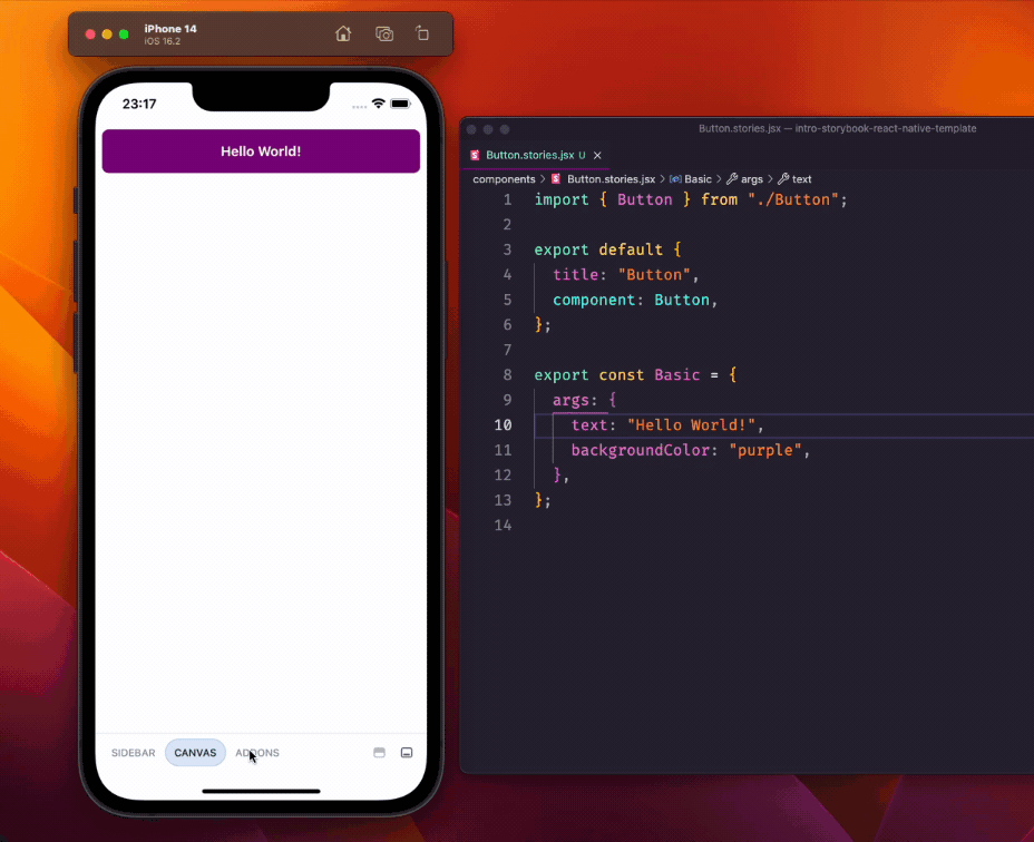 User manipulating the story args via the Controls panel within the Storybook running on the emulator
