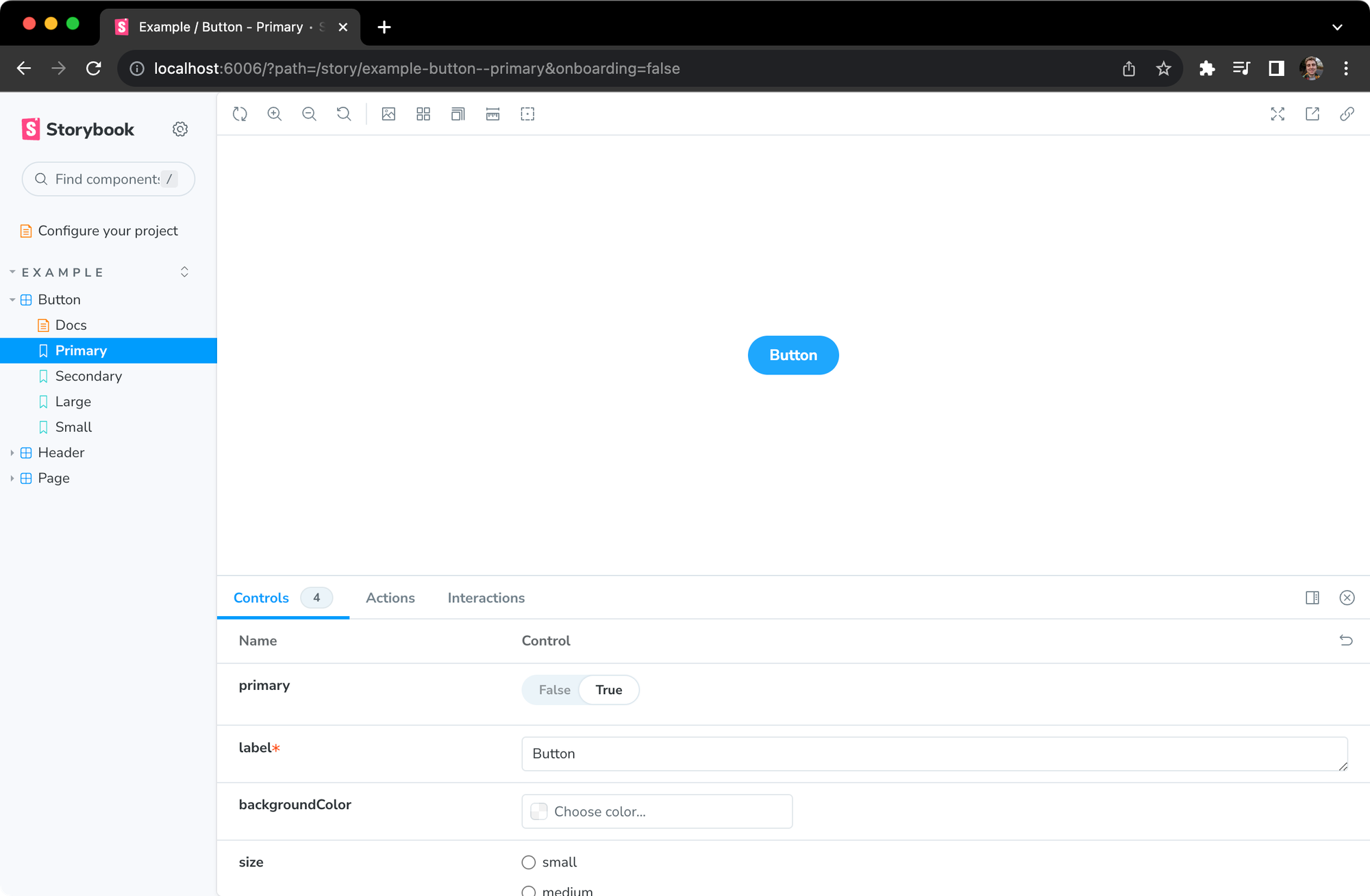 Storybook default button screen