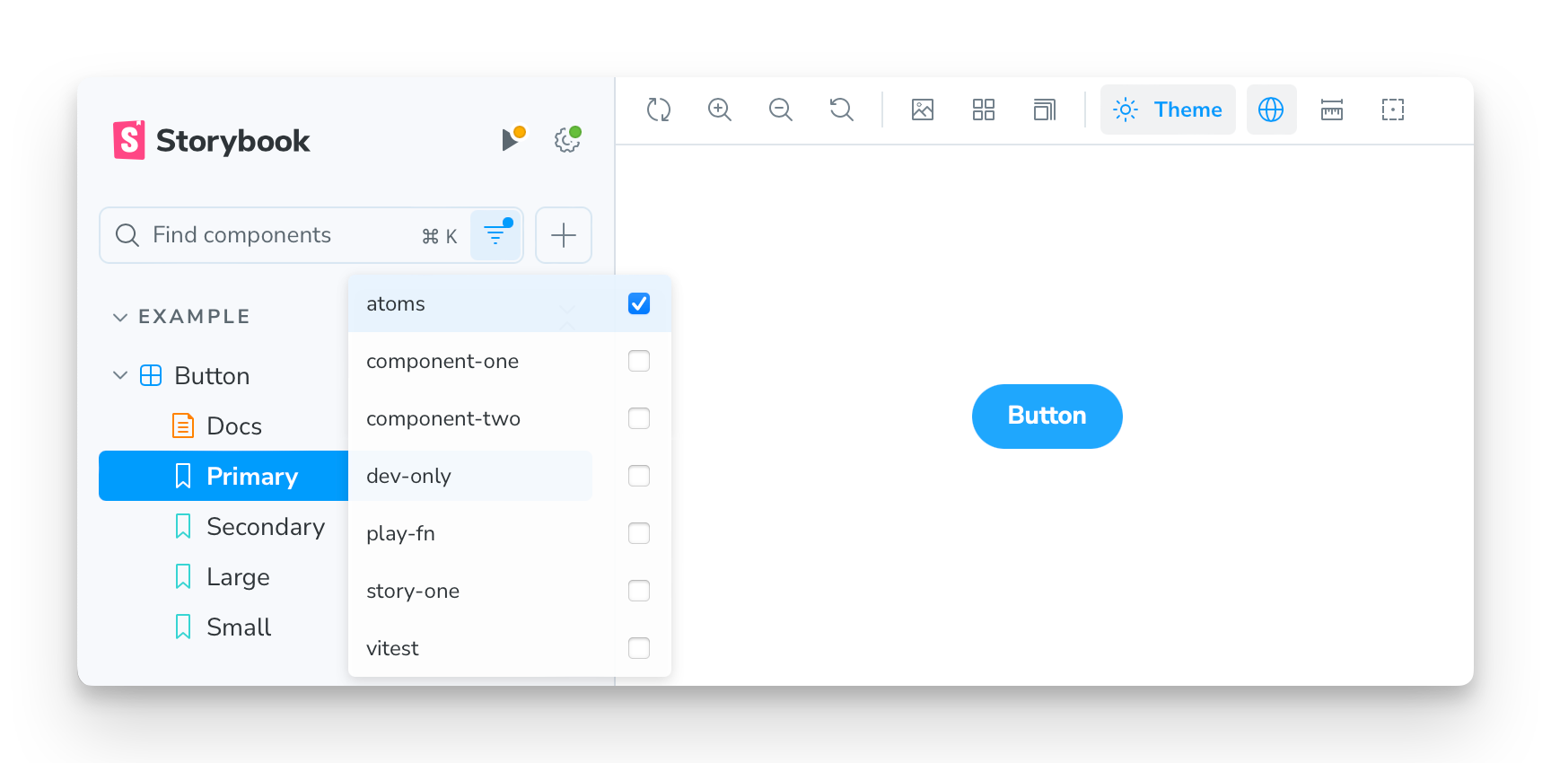 Storybook's UI, with the tags filter menu open and the `atoms` tag checked