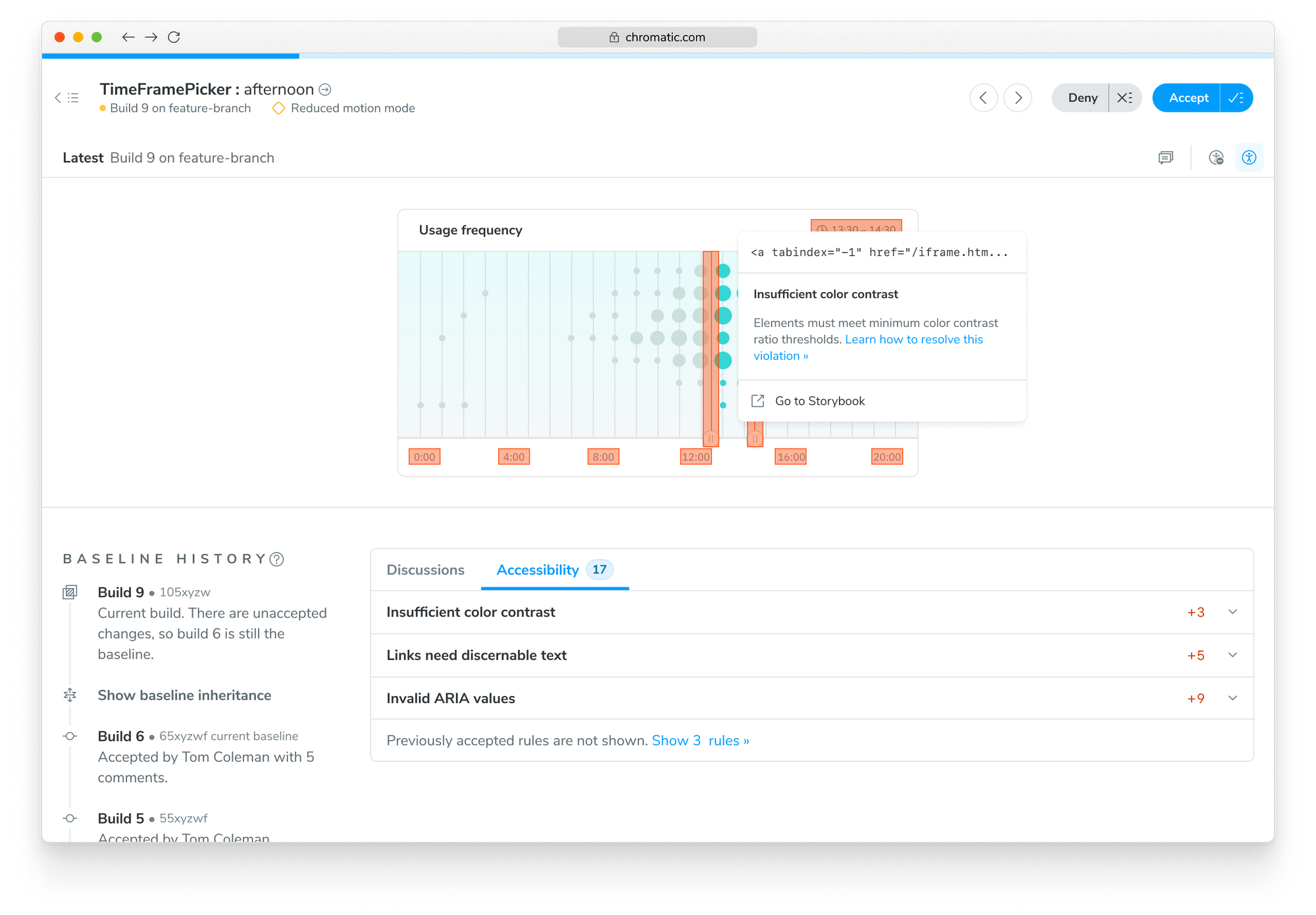 Screenshot of Chromatic's Accessibility Regression Testing interface showing a TimePicker component with accessibility violations. The dashboard displays three new violations identified in this specific build.