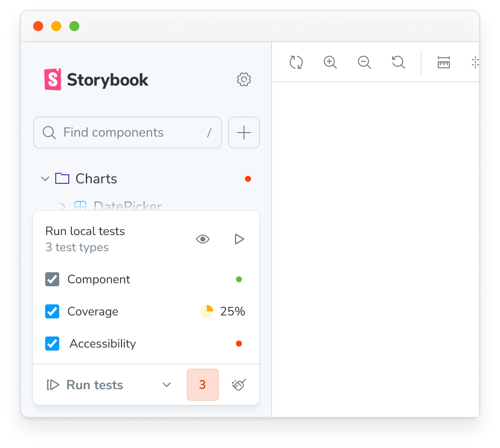 Screenshot of Storybook Test widget showing the test panel at the bottom of the sidebar. The panel indicates three test types: Component, Coverage, and Accessibility.