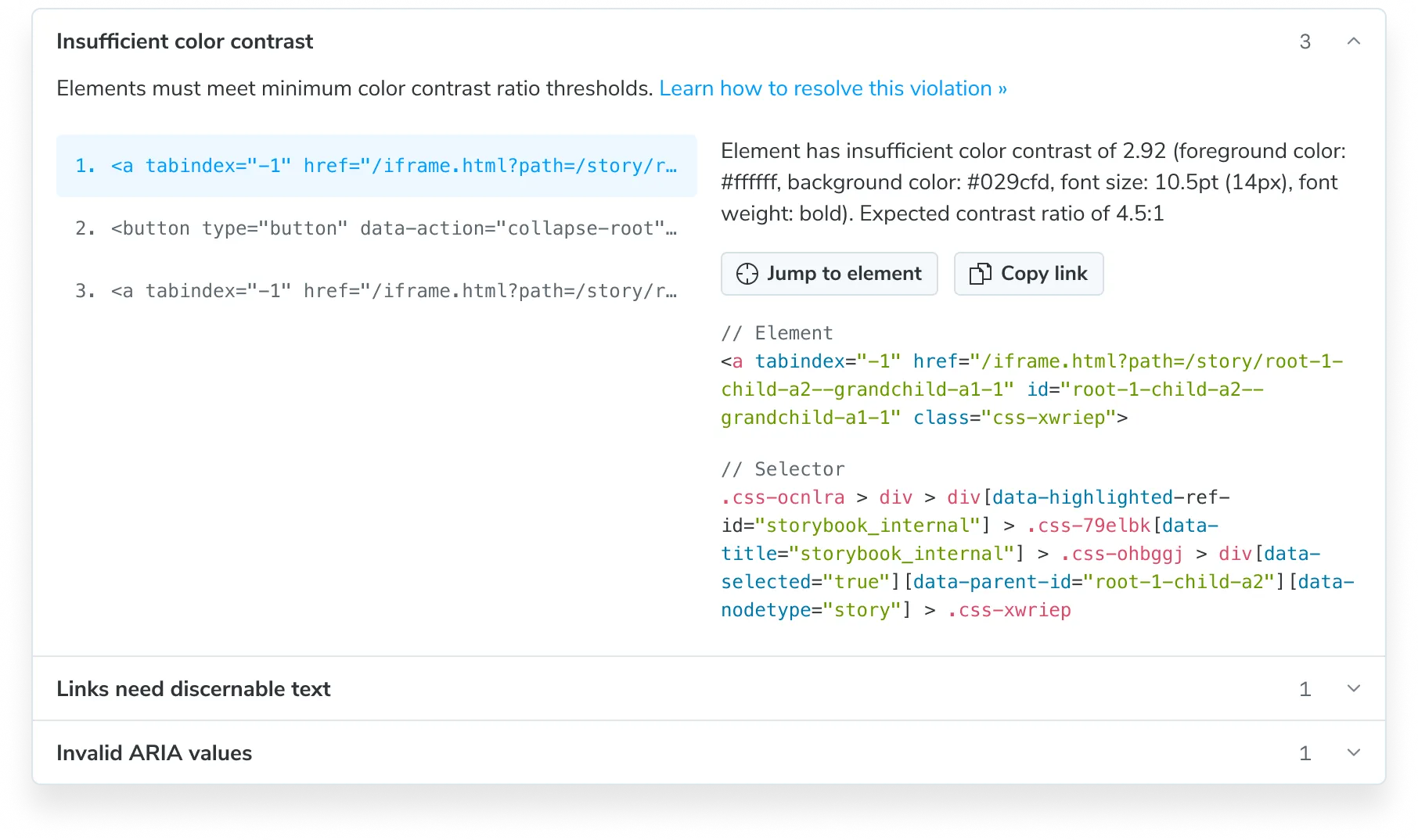 Close-up of the new rule-based layout in the Accessibility addon showing an 'Insufficient color contrast' violation. The panel displays detailed information about the specific elements failing the contrast ratio test, including color values and expected contrast ratio of 4.5:1