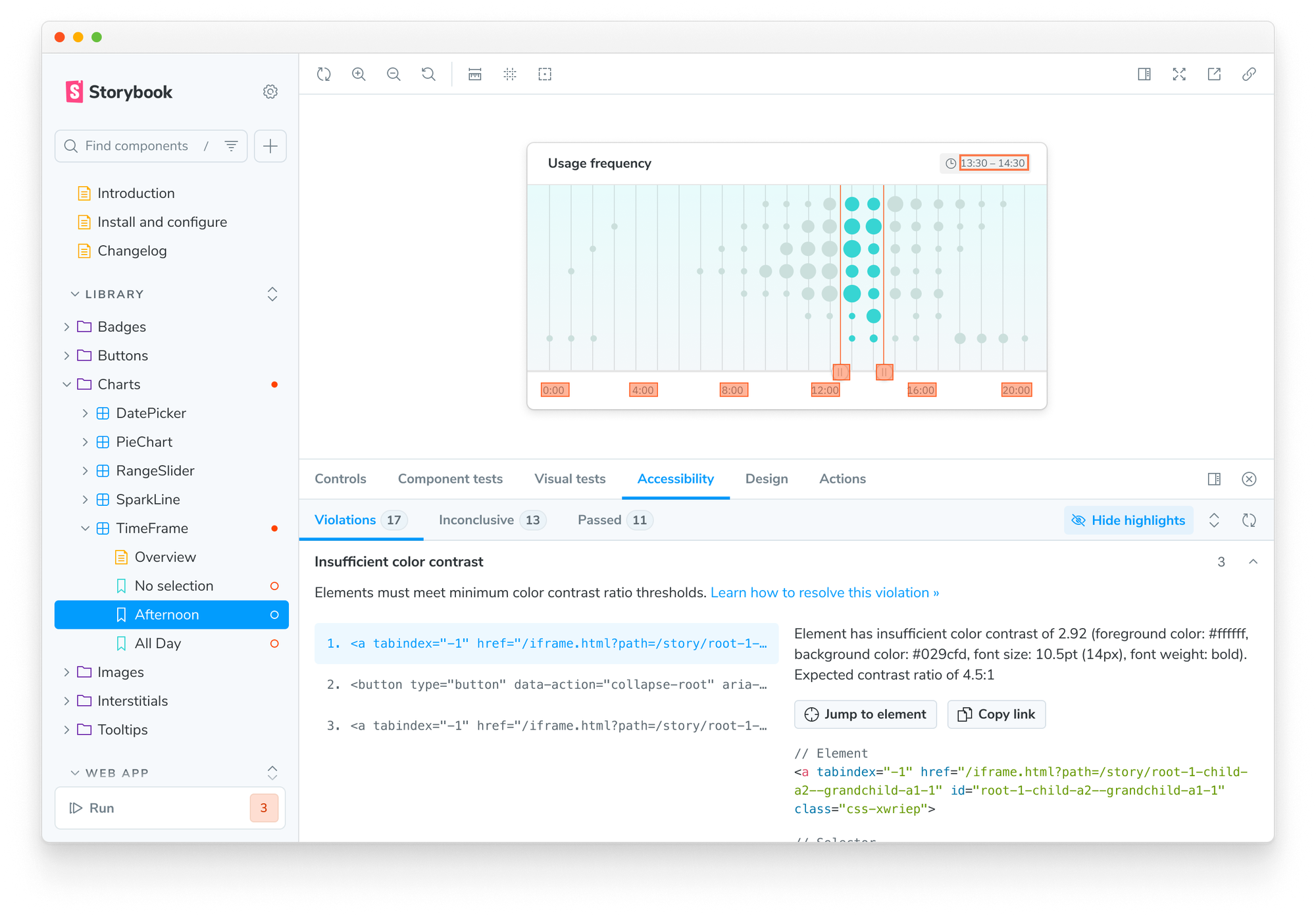 Screenshot of Storybook 9.0's interface showing the new Accessibility addon panel. The panel displays accessibility violations with their severity. The left sidebar shows component navigation, with indicators for stories that have accessibility violations.