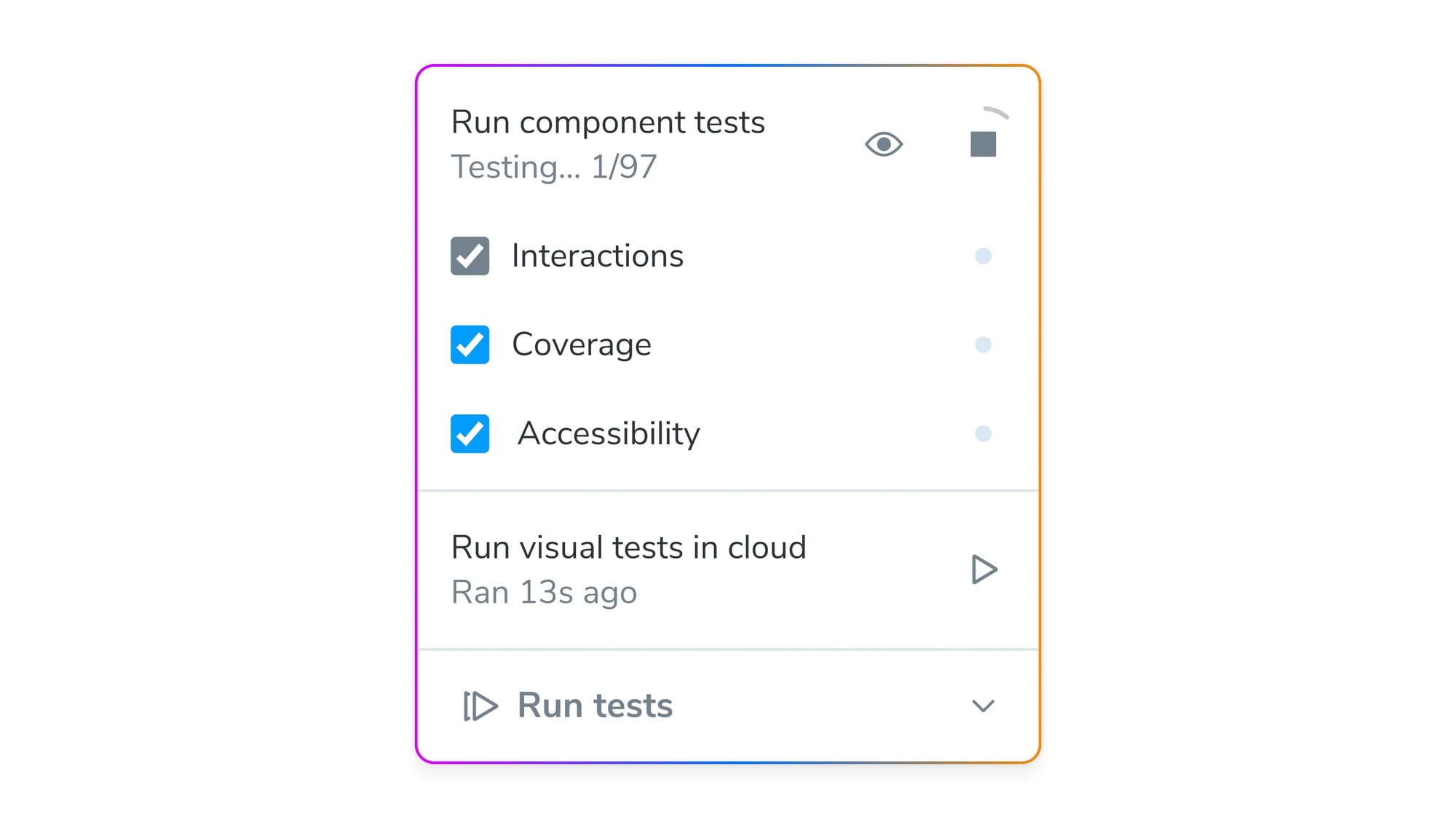 Storybook's test widget. It's titled "Run components tests". Under that is "Testing... 1/97" with an eye and stop icons beside them. Then three rows of checkboxes labeled, Interactions, Coverage, and Accessibility, each with a gray status dot. Under that is another section, titled "Run visual tests in cloud". The final section has a "Run tests" button.