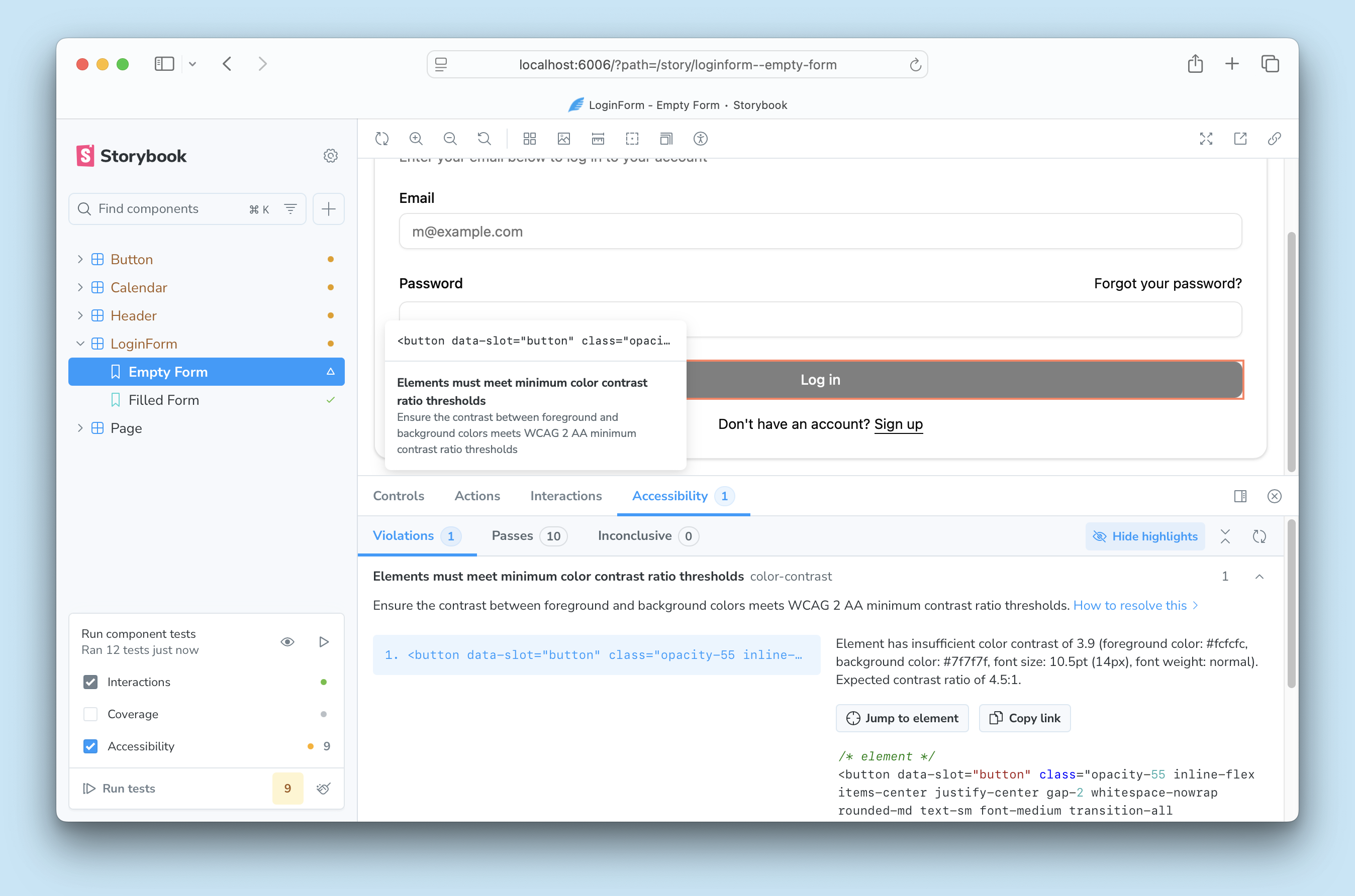 Storybook, with the Empty Form story of the LoginForm component open. In the preview, a gray button is highlighted and a popover informs about a color contrast ratio violation. The Accessibility panel is open and more details about that violation are shown.