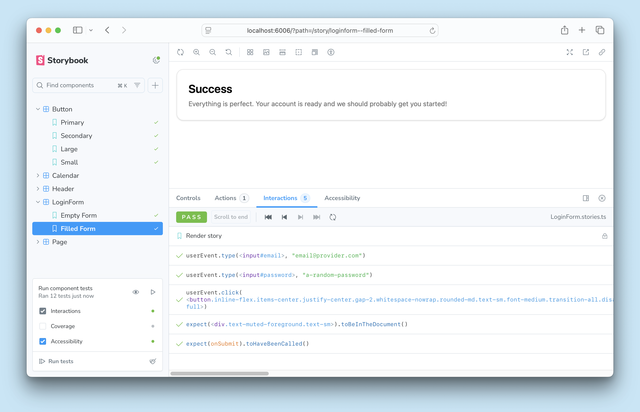 Storybook with the Filled Form story for the LoginForm component open. The Interactions panel is open, showing a passing test with the interactive debugger and each step of the interaction, all of which are successful.