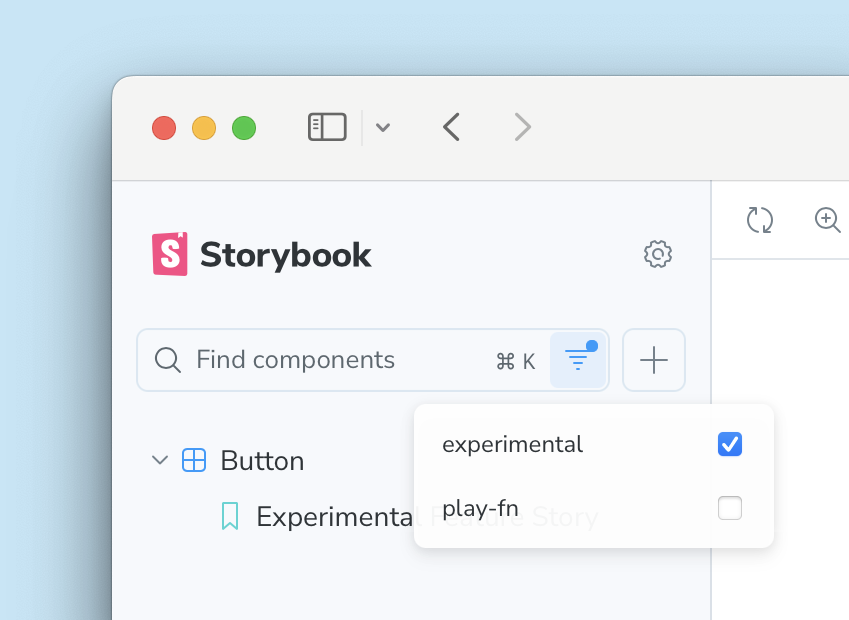 Storybook's sidebar with the filter menu on the search bar open. There are two options, experimental and play-fn. The sidebar has been filtered to only show the Experimental Feature story under the Button component.