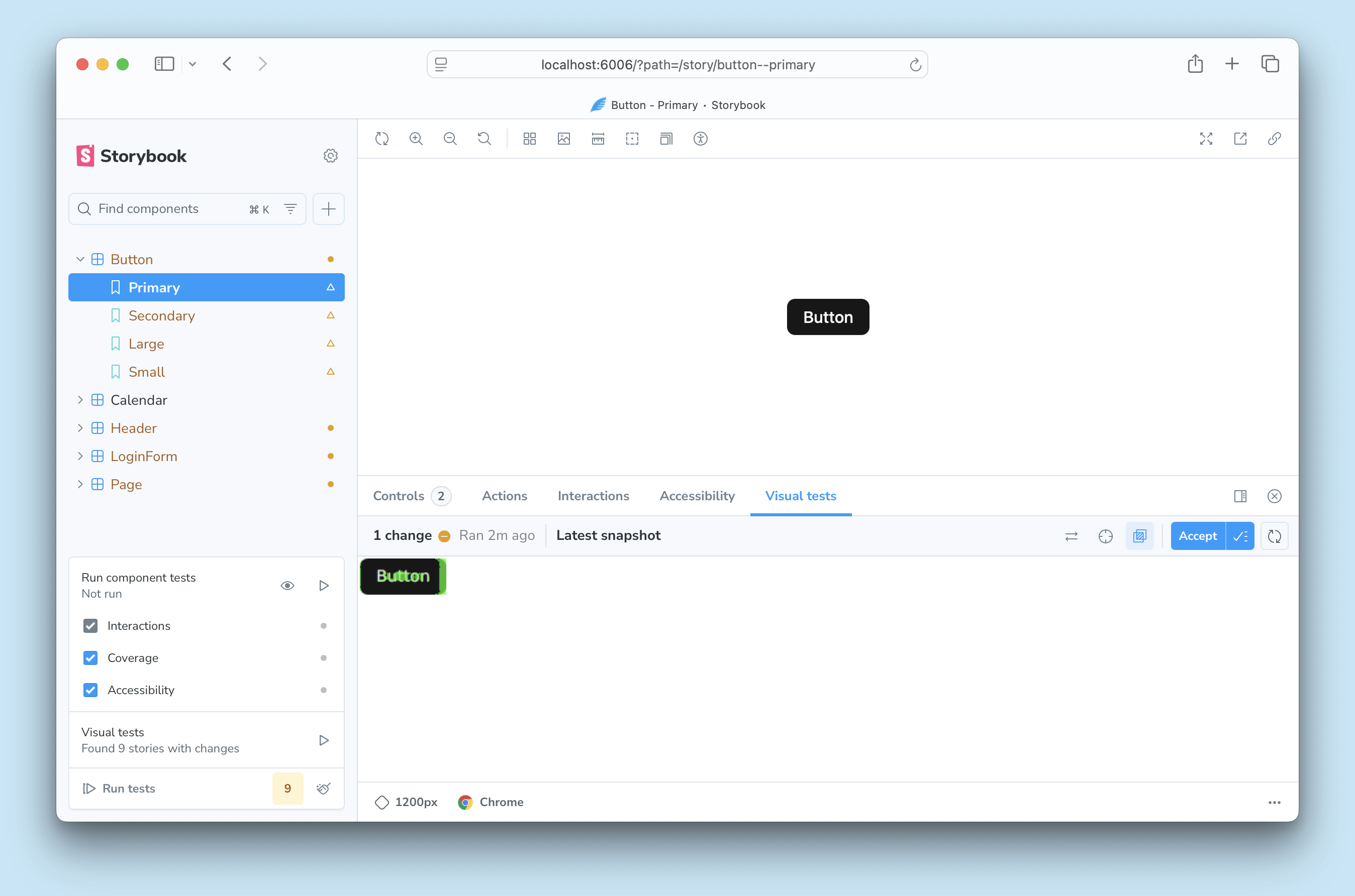 Storybook with the Primary story of the Button component open. The Visual tests panel is open, showing a visual diff between the baseline and the latest snapshot.