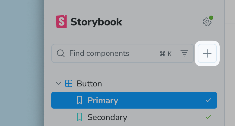 Storybook's sidebar with the "Add new component" button highlighted