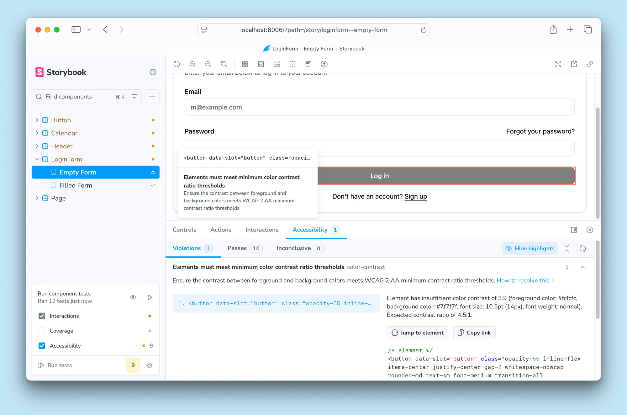 Storybook showing a story with accessibility violations, detailed in both the accessibility addon panel and the highlight menu in the story preview
