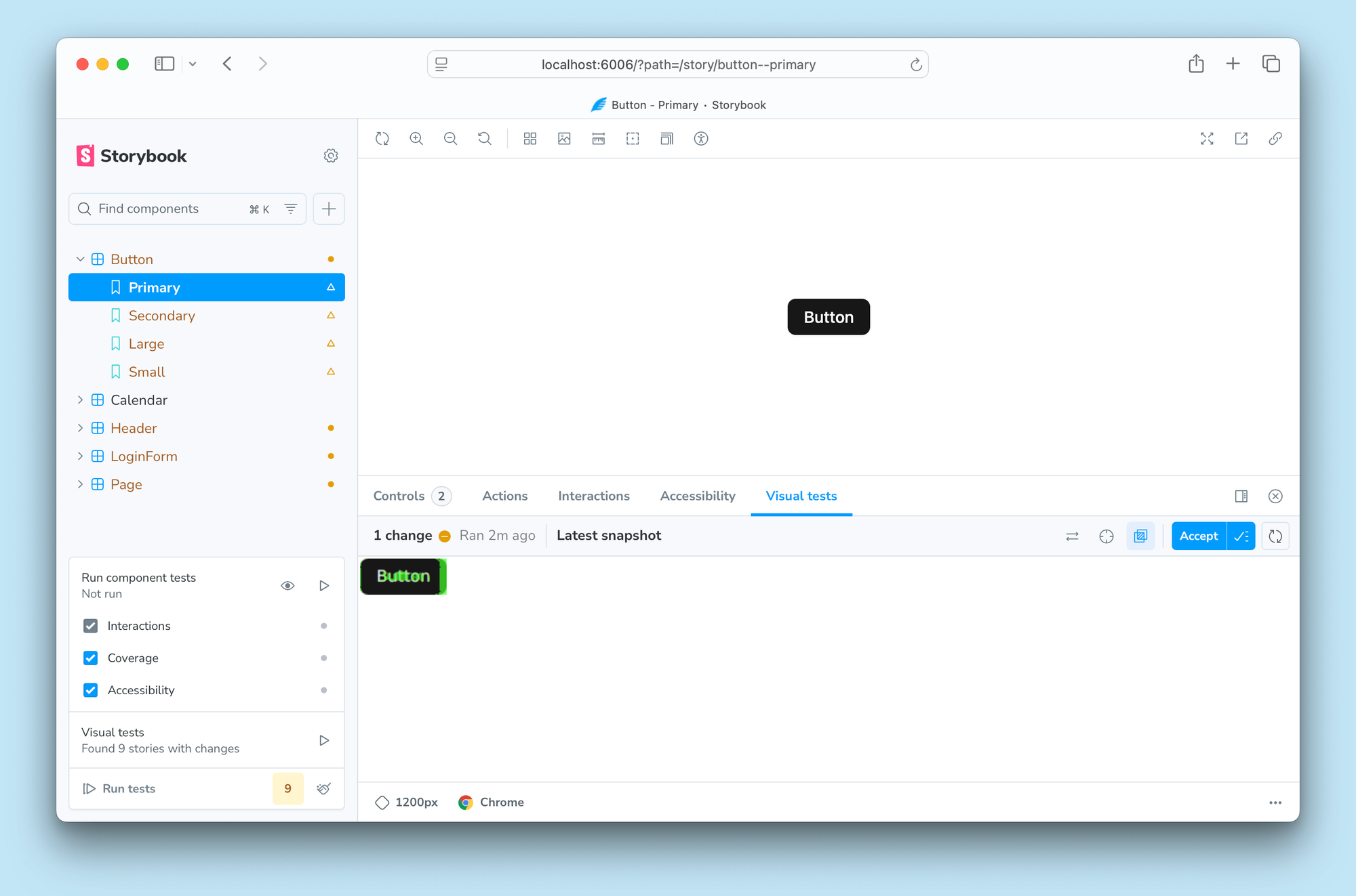 Storybook showing a visual test with a highlighted difference in the visual tests panel