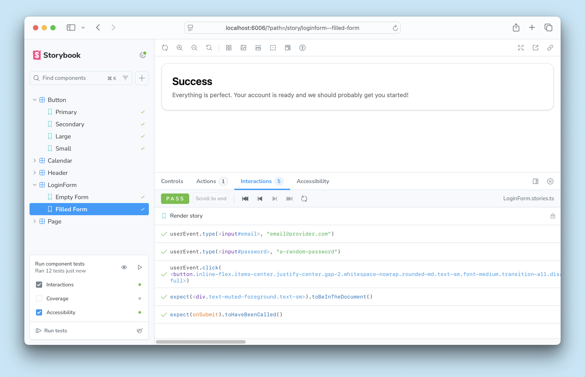 Storybook showing a passing interaction test with the debugger panel open