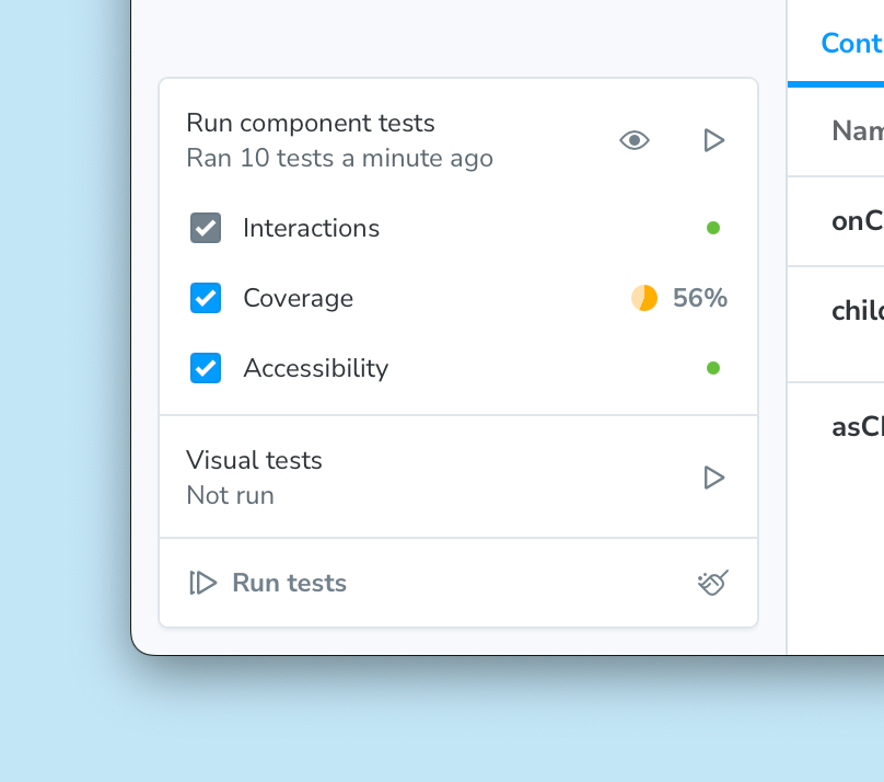 Storybook's test widget, showing a 56% coverage summary