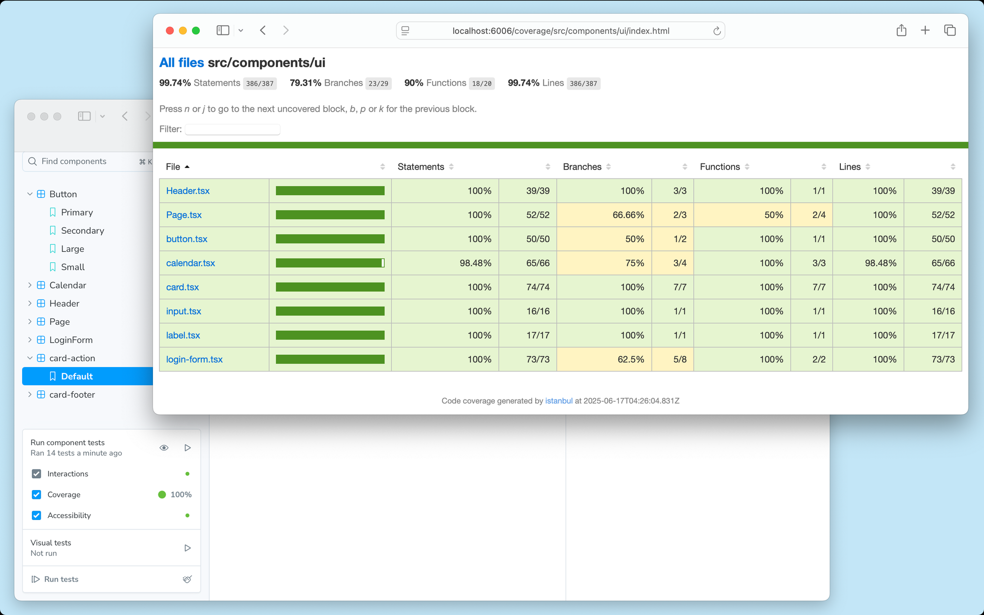 Two browser windows. The foreground is an interactive coverage report showing all files to have full coverage. The background is the Storybook app.